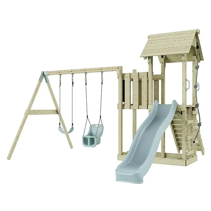 OutdoorToys Kinderspielturm Uppsala - L x B x H: 373 x 357 x 273 cm, Blau - Freistehendes Holzspielgerät mit Schaukeln, Rutsche und Kletterturm für stundenlangen Spaß im Garten.