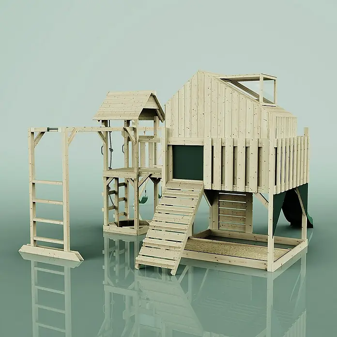 OutdoorToys Kinderspielturm Knut Kinderschaukel; - Holz, Grün - Ein detailreiches Bild eines Holzspielhauses mit verschiedenen Spielbereichen, ideal für Kinder zum Austoben im Garten.