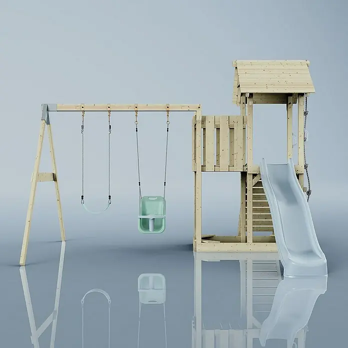 OutdoorToys Kinderspielturm Uppsala - L x B x H: 373 x 357 x 273 cm, Blau - Holzspielplatz mit Schaukel, Rutsche und Kletterturm. Perfekt für stundenlangen Spaß im Freien und aktive Kinder.