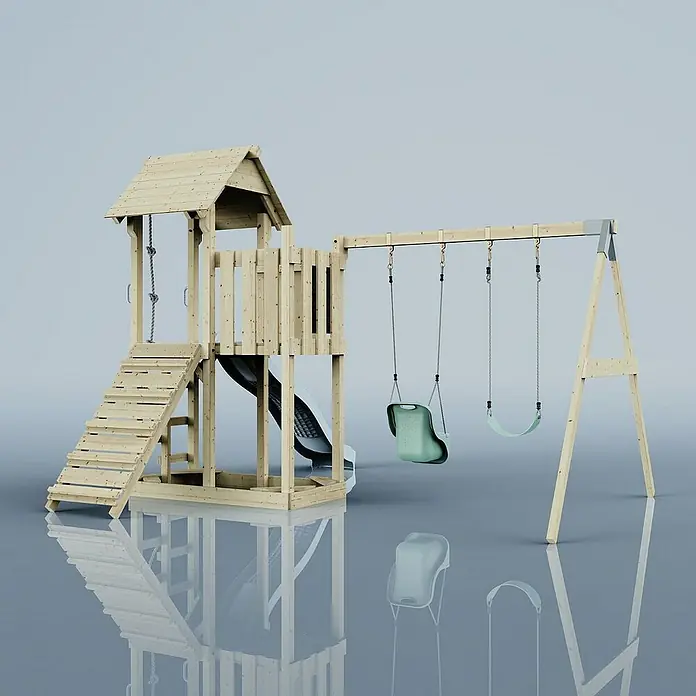 OutdoorToys Kinderspielturm Uppsala - L x B x H: 373 x 357 x 273 cm, Blau - Ein detailreiches Bild eines hölzernen Kinderspielplatzes mit Schaukeln und Rutsche, ideal für den Garten und stundenlangen Spielspaß im Freien.
