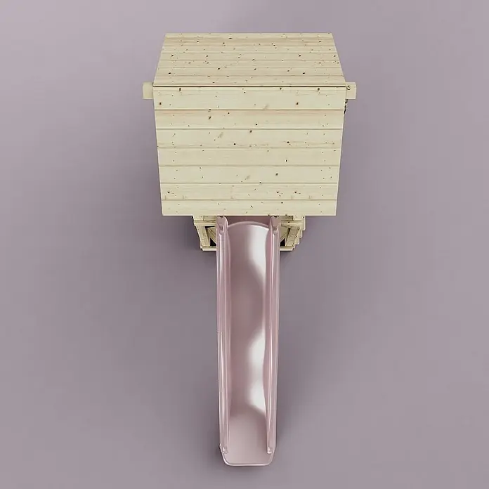 OutdoorToys Kinderspielturm Lillehammer - L x B x H: 112 x 357 x 273 cm, Rosa - Holzspielhaus mit Rutsche. Das Spielhaus hat ein Holzdach und eine glatte, rosa Rutsche für Kinder zum Spielen und Spaß haben.