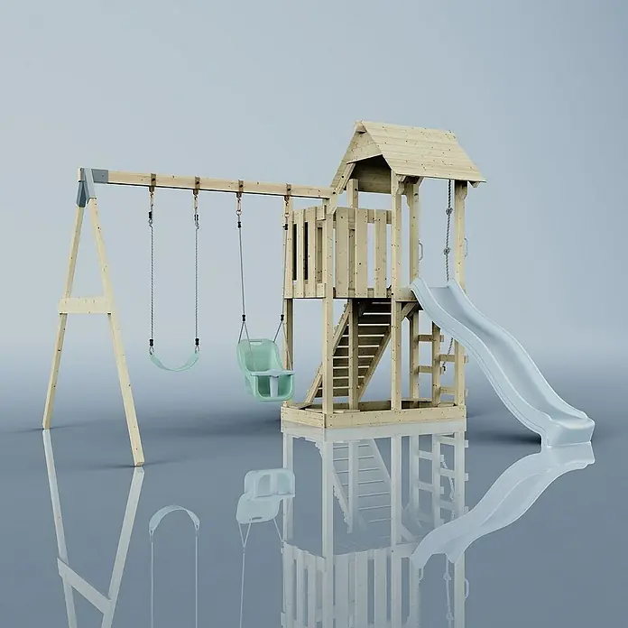 OutdoorToys Kinderspielturm Uppsala - L x B x H: 373 x 357 x 273 cm, Blau - Ein detailreiches Bild eines Holzspielplatzes mit Schaukeln und Rutsche, ideal für den Garten und das kindliche Spielen im Freien.