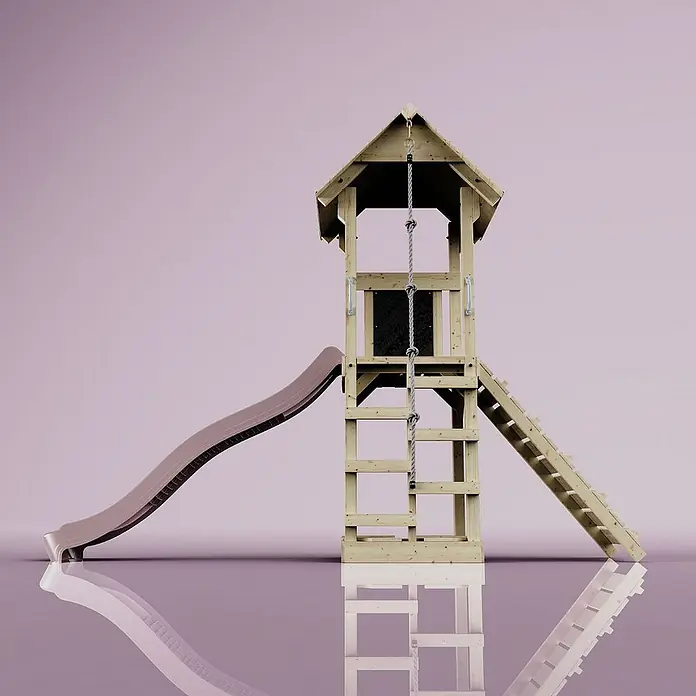 OutdoorToys Kinderspielturm Lillehammer - L x B x H: 112 x 357 x 273 cm, Rosa - Ein hölzerner Spielturm mit Rutsche, Leiter und Kletterseil auf reflektierendem Untergrund. Ideal für Kinder zum Spielen im Garten.