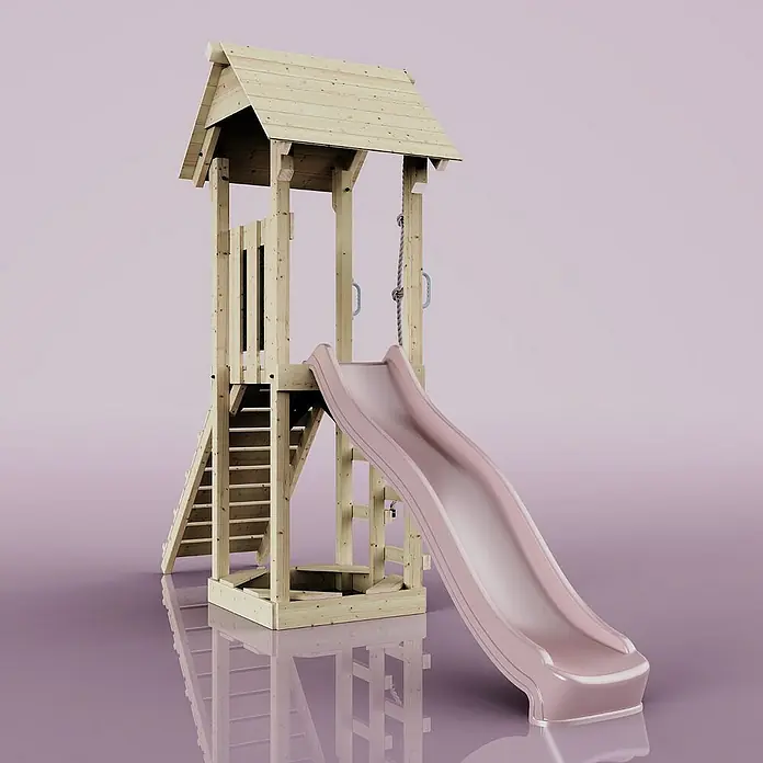 OutdoorToys Kinderspielturm Lillehammer - L x B x H: 112 x 357 x 273 cm, Rosa - Hölzernes Spielhaus mit Rutsche für Kinder. Das Spielhaus verfügt über eine Treppe und ein kleines Dach.