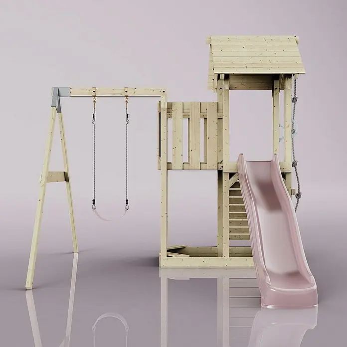 OutdoorToys Kinderspielturm Bergen - L x B x H: 283 x 357 x 273 cm, Rosa - Ein hölzernes Spielgerüst mit Schaukel und Rutsche für Kinder zum Spielen im Freien. Ideal für den Garten.