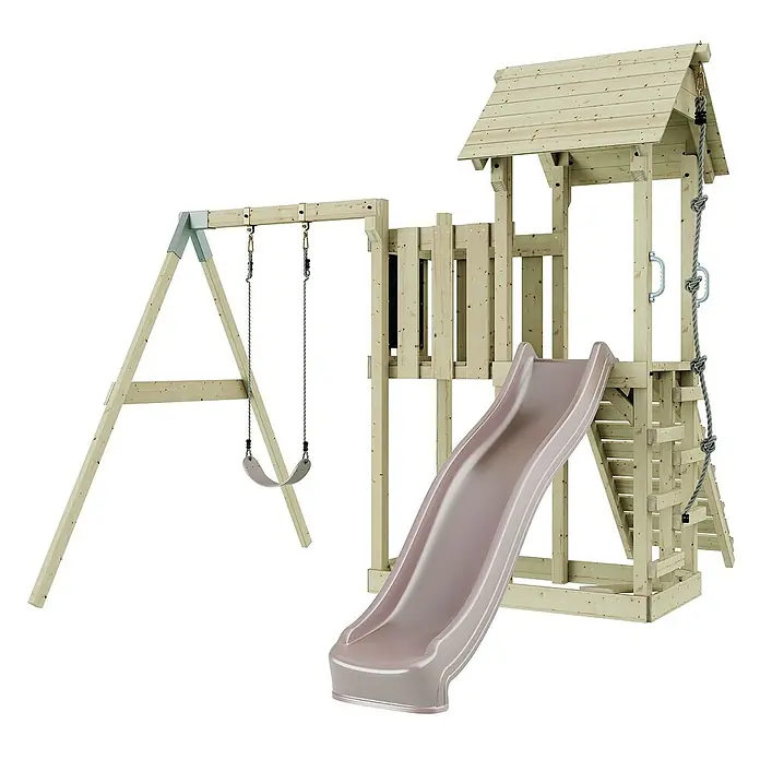 OutdoorToys Kinderspielturm Bergen - L x B x H: 283 x 357 x 273 cm, Rosa - Stabiles Spielhaus aus Holz mit Schaukel und Rutsche für Kinder, ideal für den Garten.