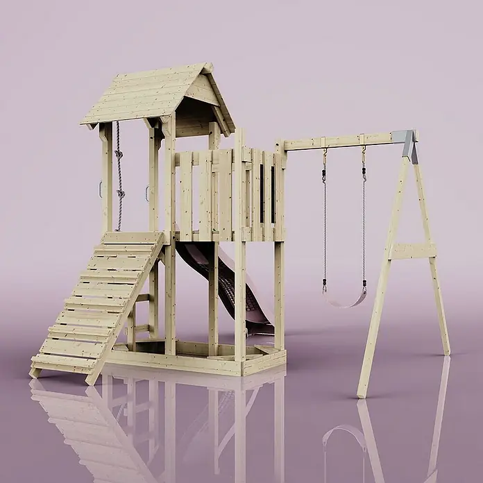 OutdoorToys Kinderspielturm Bergen - L x B x H: 283 x 357 x 273 cm, Rosa - Das Bild zeigt ein hölzernes Spielhaus mit Rutsche, Treppe, Seil und Schaukel, ideal für Kinder zum Spielen im Freien.