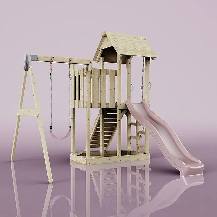 OutdoorToys Kinderspielturm Bergen - L x B x H: 283 x 357 x 273 cm, Rosa - Holzspielplatz mit Schaukel und Rutsche für Kinder. Ideal für den Garten und zum Spielen im Freien.