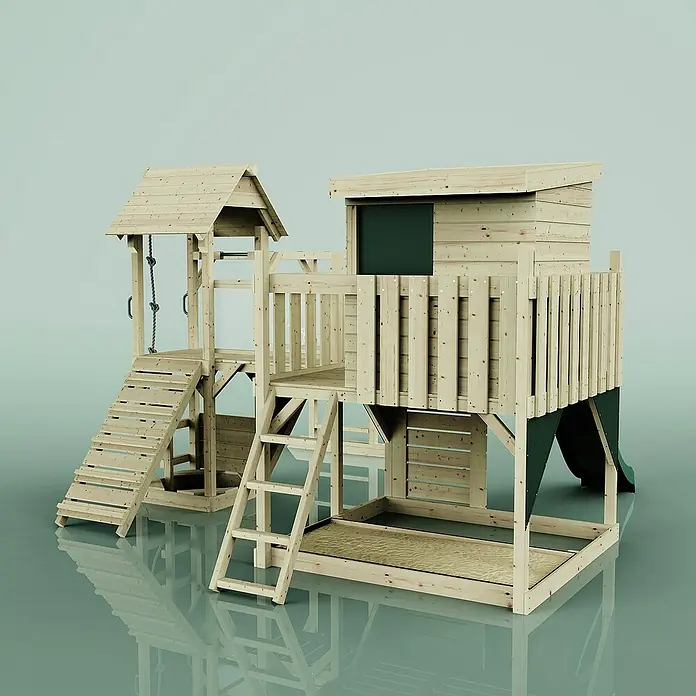 OutdoorToys Kinderspielturm Joost - Holz, Grün - Ein hölzernes Kinderspielhaus mit Rutsche, Leiter und Schaukel für den Garten, ideal zum Spielen im Freien.