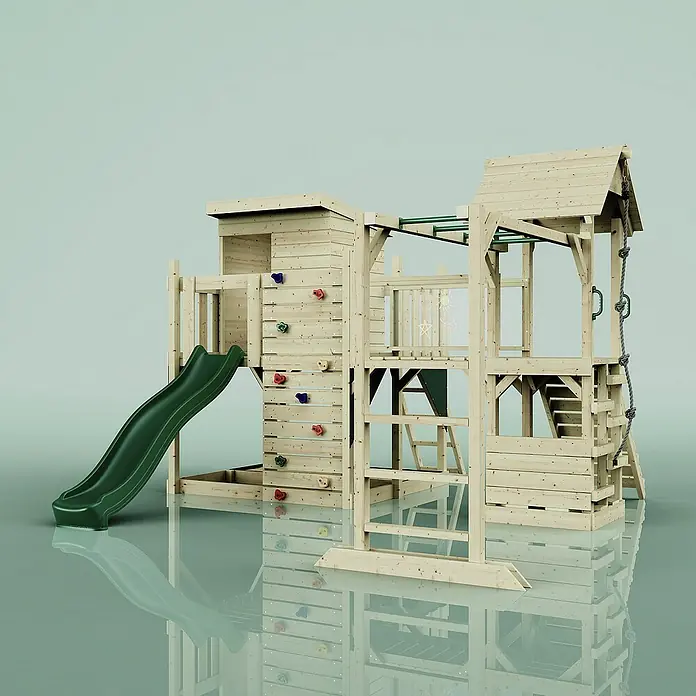 OutdoorToys Kinderspielturm Joost - Holz, Grün - Abenteuerlicher Spielplatz aus Holz mit Rutsche, Kletterwand und Schaukel für Kinder. Perfekt für den Garten!