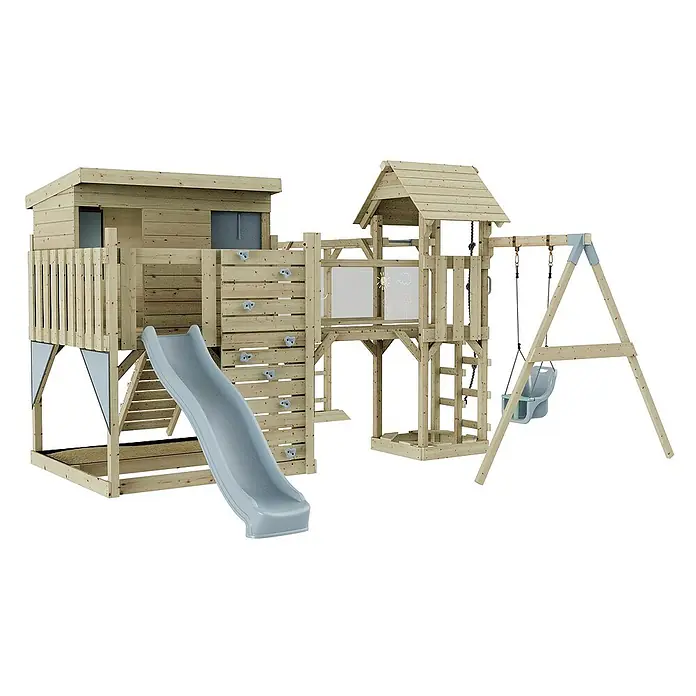 OutdoorToys Kinderspielturm Polarplay Inga - L x B x H: 400 x 503 x 274 cm, Blau - Holzspielplatz mit Rutsche, Kletterwand und Schaukel für Kinder zum Austoben im Garten. Ideal für aktive Kids.