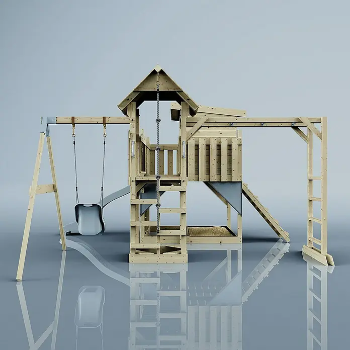OutdoorToys Kinderspielturm Polarplay Inga - L x B x H: 400 x 503 x 274 cm, Blau - Abbildung eines hölzernen Kinderspielhauses mit Schaukel, Rutsche und Klettergerüst, ideal für den Garten.