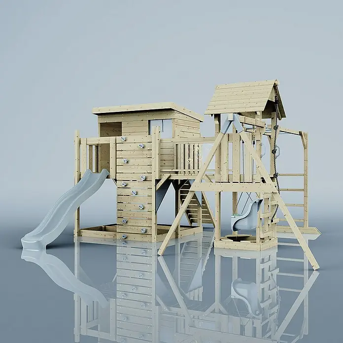 OutdoorToys Kinderspielturm Polarplay Inga - L x B x H: 400 x 503 x 274 cm, Blau - Holz-Spielturm mit Rutsche, Kletterwand, Schaukel und kleinem Haus für Kinder zum Spielen im Garten.