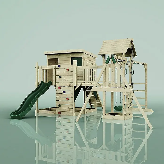 OutdoorToys Kinderspielturm Polarplay Inga - L x B x H: 400 x 503 x 274 cm, Grün - Hölzernes Spielgerät mit Rutsche, Kletterwand, Schaukel und Turm für Kinder zum Spielen und Spaß haben im Garten.