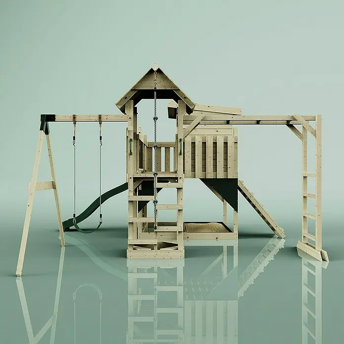 OutdoorToys Kinderspielturm Polarplay Inga Grün - Holz, Grün - Holzspielplatz mit Schaukeln, Rutsche, Kletterwand & Sandkasten. Ideal für Kinder zum Spielen & Austoben im Garten.