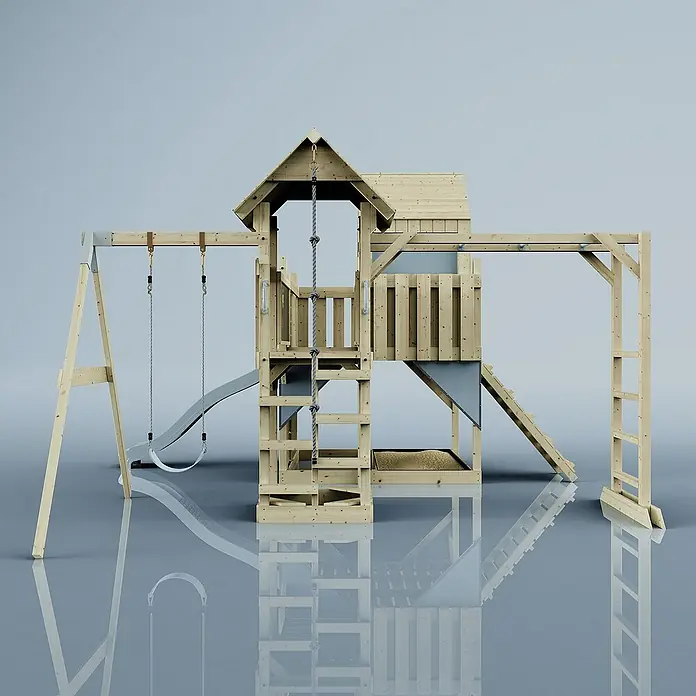 OutdoorToys Kinderspielturm Polarplay Mille - L x B x H: 400 x 503 x 291 cm, Blau - Ein detailreiches Bild eines hölzernen Spielturms mit Schaukel, Rutsche und Kletterwand, ideal für den Garten.