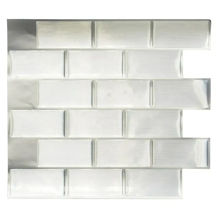 Selbstklebemosaik SVM 24002 - 24,8 x 25,5 cm, Silber, Glänzend - Nahaufnahme eines weißen Subtile-Fliesen-Wandpaneels, das ein modernes und elegantes Design für die Inneneinrichtung bietet.