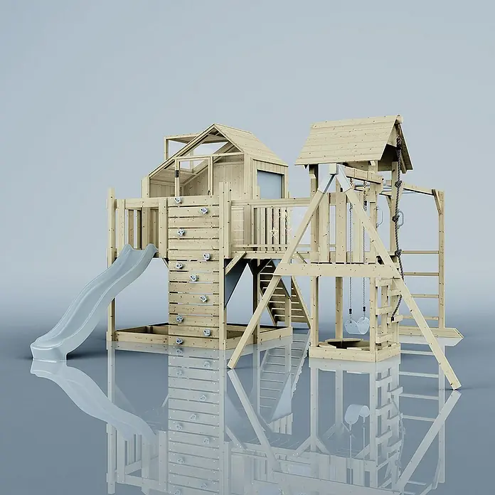 OutdoorToys Kinderspielturm Polarplay Mille - L x B x H: 400 x 503 x 291 cm, Blau - Holzspielplatz mit Rutsche, Kletterwand und Schaukel für Kinder zum Spielen und Spaß haben im Garten.