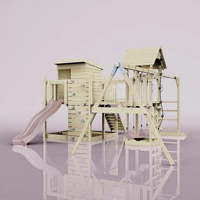 OutdoorToys Kinderspielturm Polarplay Malou - L x B x H: 562 x 503 x 274 cm, Rosa - Ein hölzerner Spielplatz mit Rutsche, Kletterwand und Schaukeln für stundenlangen Spielspaß im Freien. Ideal für aktive Kinder.
