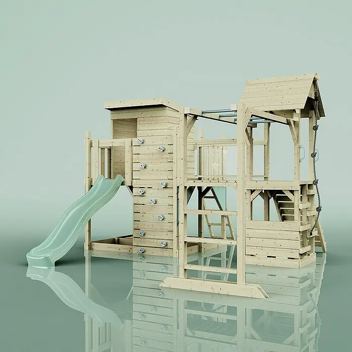 OutdoorToys Kinderspielturm Polarplay Joost - L x B x H: 444 x 406 x 274 cm, Grün - Vielseitiger Spielturm mit Rutsche, Kletterwand und Klettergerüst für abenteuerlichen Spaß im Garten.