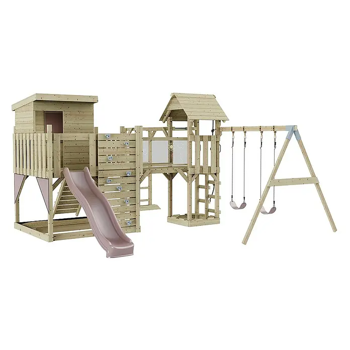 OutdoorToys Kinderspielturm Polarplay Malou - L x B x H: 562 x 503 x 274 cm, Rosa - Ein detailreiches Bild eines hölzernen Kinderspielplatzes mit Rutsche, Schaukeln und Kletterwand. Ideal für den Garten und aktive Kinder.