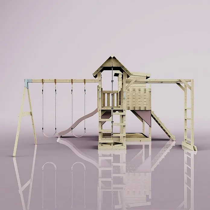 OutdoorToys Kinderspielturm Polarplay Malou - L x B x H: 562 x 503 x 274 cm, Rosa - Ein hölzerner Spielplatz mit Schaukeln, Rutsche und Klettergerüst bietet Kindern vielfältige Spielmöglichkeiten im Freien.