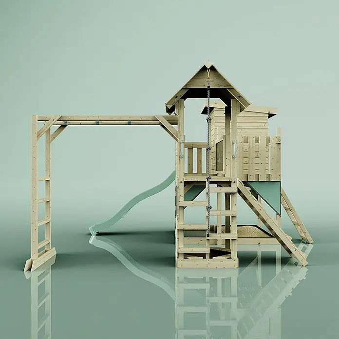 OutdoorToys Kinderspielturm Polarplay Joost - L x B x H: 444 x 406 x 274 cm, Grün - Spielturm aus Holz mit Rutsche, Kletterwand und Schaukelgerüst für Kinder zum Spielen und Toben im Garten.