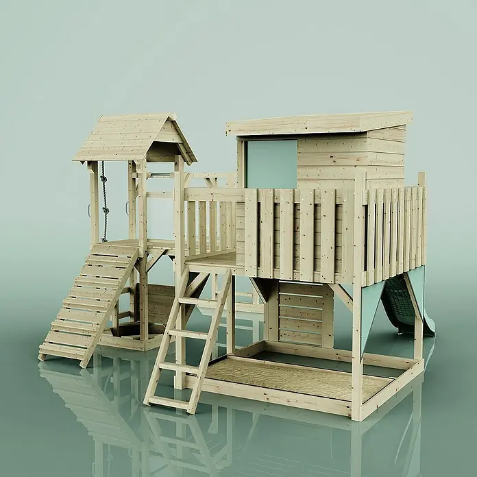 OutdoorToys Kinderspielturm Polarplay Joost - L x B x H: 444 x 406 x 274 cm, Grün - Holzspielhaus mit Treppe, Rutsche und Sandkasten für Kinder zum Spielen und Entdecken. Spaß im Garten ist mit diesem Spielhaus garantiert.