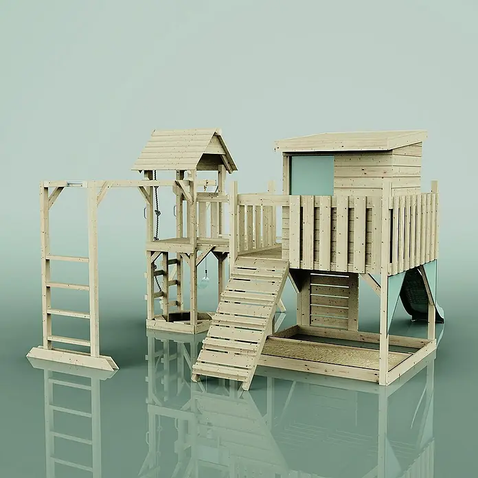 OutdoorToys Kinderspielturm Polarplay Lene - L x B x H: 400 x 503 x 274 cm, Grün - Holzspielturm mit Rutsche, Leiter und Schaukel für Kinder zum Spielen und Spaß haben im Garten.