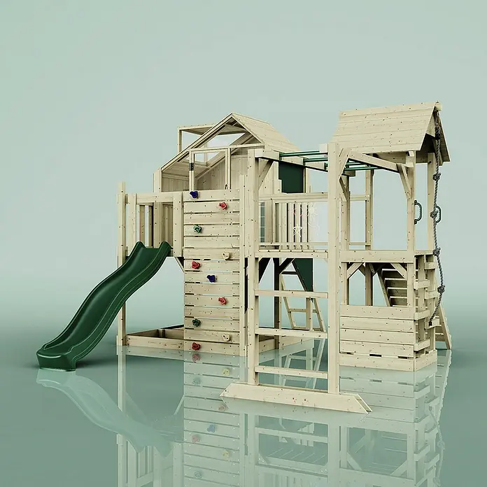OutdoorToys Kinderspielturm Luna - Holz, Grün - Ein großes Holzspielhaus mit Rutsche, Kletterwand und Hängebrücke bietet vielseitigen Spielspaß im Garten.