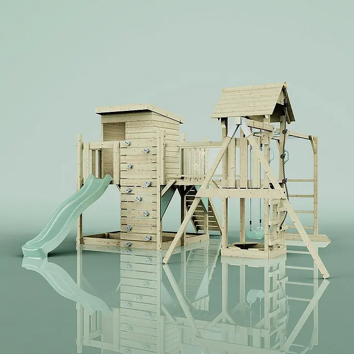 OutdoorToys Kinderspielturm Polarplay Lene - L x B x H: 400 x 503 x 274 cm, Grün - Abbildung eines hölzernen Spielplatzes mit Rutsche, Kletterwand und Schaukel für Kinder zum Spielen und Spaß haben im Freien.