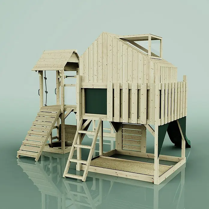 OutdoorToys Kinderspielturm Luna - Holz, Grün - Ein hölzernes Spielhaus mit Rutsche, Kletterwand und Schaukel für Kinder zum Spielen im Freien.