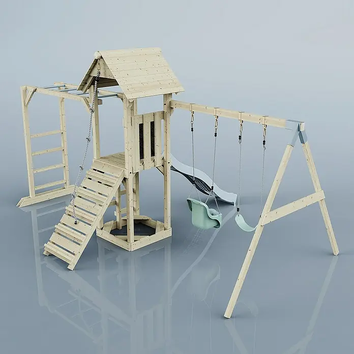 OutdoorToys Kinderspielturm Örebro - L x B x H: 358 x 491 x 275 cm, Blau - Holzspielplatz mit Schaukeln, Rutsche, Kletterwand & Spielhaus. Ideal für Kinder zum Austoben & Spielen im Freien.