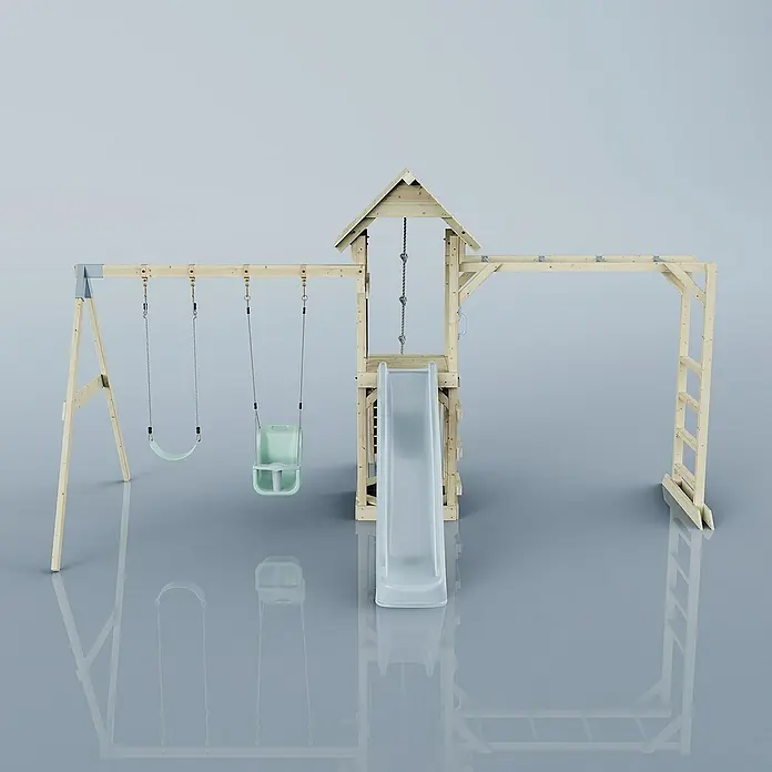 OutdoorToys Kinderspielturm Örebro - L x B x H: 358 x 491 x 275 cm, Blau - Holzspielplatz mit Schaukeln, Rutsche und Klettergerüst für stundenlangen Spaß im Garten.