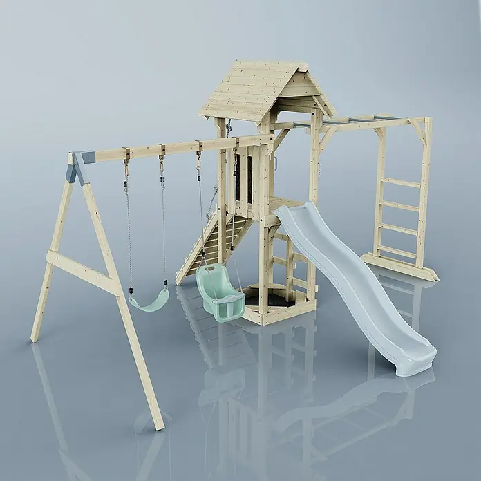 OutdoorToys Kinderspielturm Örebro - L x B x H: 358 x 491 x 275 cm, Blau - Spielplatz mit Schaukel, Rutsche, Klettergerüst und Turm. Ideal für stundenlangen Spaß im Freien.