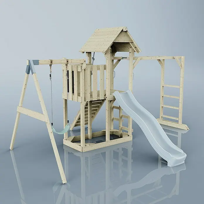 OutdoorToys Kinderspielturm Malmö - L x B x H: 358 x 40 x 275 cm, Blau - Abenteuerlicher Spielturm aus Holz mit Schaukel, Rutsche und Klettergerüst für unvergesslichen Spielspaß im Garten.