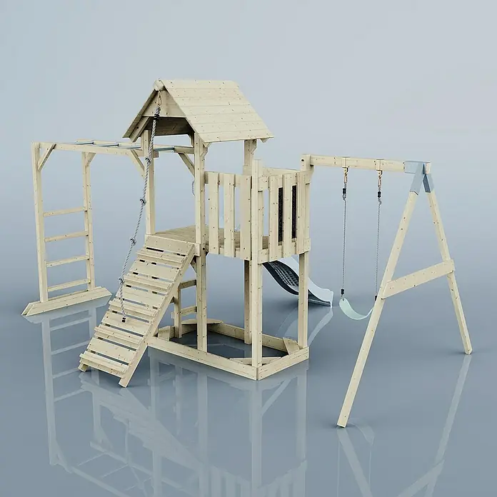 OutdoorToys Kinderspielturm Malmö - L x B x H: 358 x 40 x 275 cm, Blau - Detailaufnahme eines Kinderspielplatzes aus Holz mit Schaukel, Rutsche und Kletterturm, ideal für den Garten.