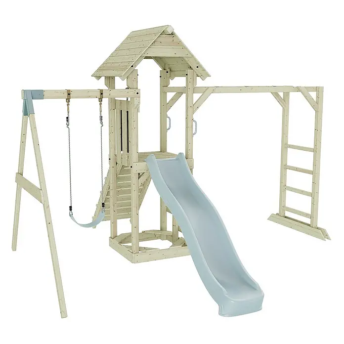 OutdoorToys Kinderspielturm Malmö - L x B x H: 358 x 40 x 275 cm, Blau - Holzspielturm mit Schaukel, Rutsche, Kletterwand und Affenleitern für stundenlangen Spaß im Garten.