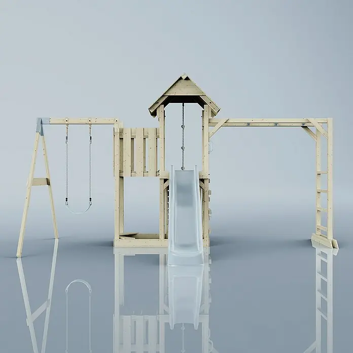 OutdoorToys Kinderspielturm Malmö - L x B x H: 358 x 40 x 275 cm, Blau - Abenteuerlicher Holzspielplatz mit Schaukel, Rutsche und Klettergerüst für fantasievolle Spiele im Freien.