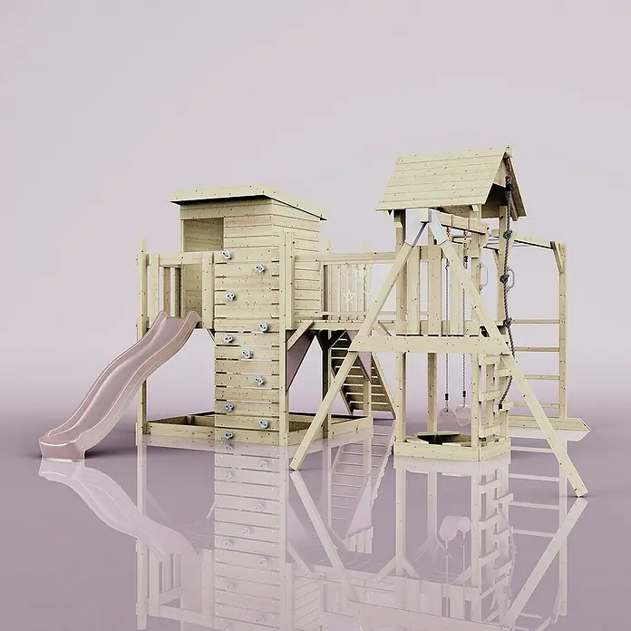 OutdoorToys Kinderspielturm Polarplay Lene - L x B x H: 400 x 503 x 274 cm, Rosa - Ein detailreiches Bild eines hölzernen Kinderspielhauses mit Rutsche, Kletterwand und Schaukel, ideal für den Garten.
