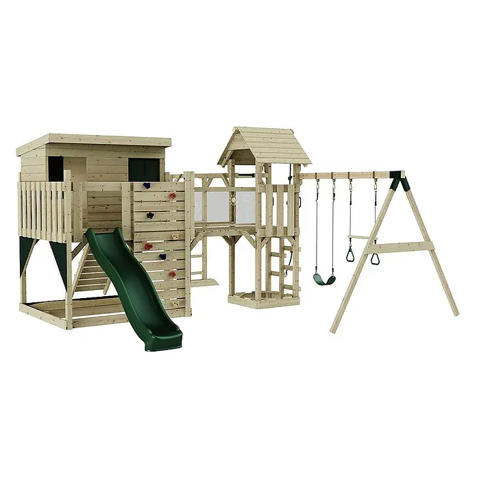 OutdoorToys Kinderspielturm Johanna Trapezschaukel; - Holz, Grün - Abenteuerlicher Holzspielplatz mit Rutsche, Kletterwand und Schaukel für stundenlangen Spaß im Garten.