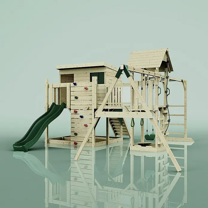 OutdoorToys Kinderspielturm Johanna Trapezschaukel; - Holz, Grün - Abbildung eines Holzspielplatzes mit Rutsche, Kletterwand und Schaukelgerüst. Ideal für den Garten, bietet stundenlangen Spielspaß.