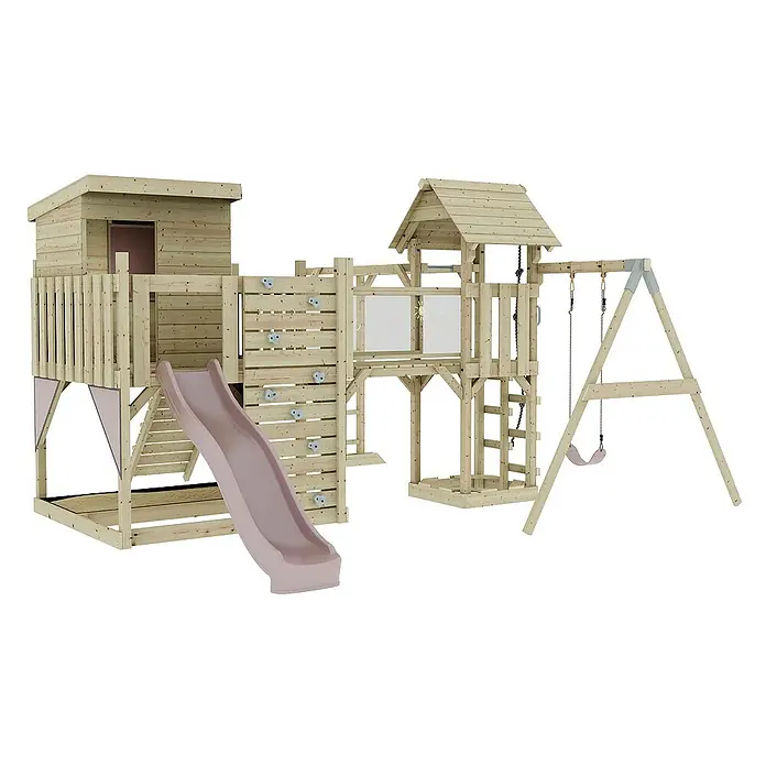 OutdoorToys Kinderspielturm Polarplay Lene - L x B x H: 400 x 503 x 274 cm, Rosa - Abenteuerlicher Holzspielplatz mit Rutsche, Kletterwand und Schaukel. Ideal für stundenlangen Spielspaß im Garten.