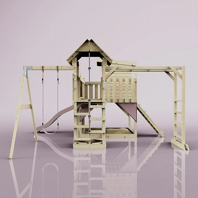 OutdoorToys Kinderspielturm Polarplay Lene - L x B x H: 400 x 503 x 274 cm, Rosa - Ein detailreiches Bild eines Holzspielplatzes mit Schaukel, Rutsche und Klettergerüst, ideal für stundenlangen Spielspaß im Freien.