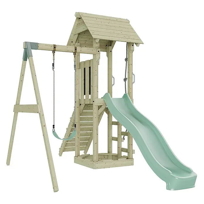 OutdoorToys Kinderspielturm Göteborg - L x B x H: 242 x 357 x 273 cm, Grün - Das Bild zeigt ein farbenfrohes Kinderspielhaus mit Schaukel und Rutsche, perfekt für den Garten. Es ist aus Holz gefertigt.