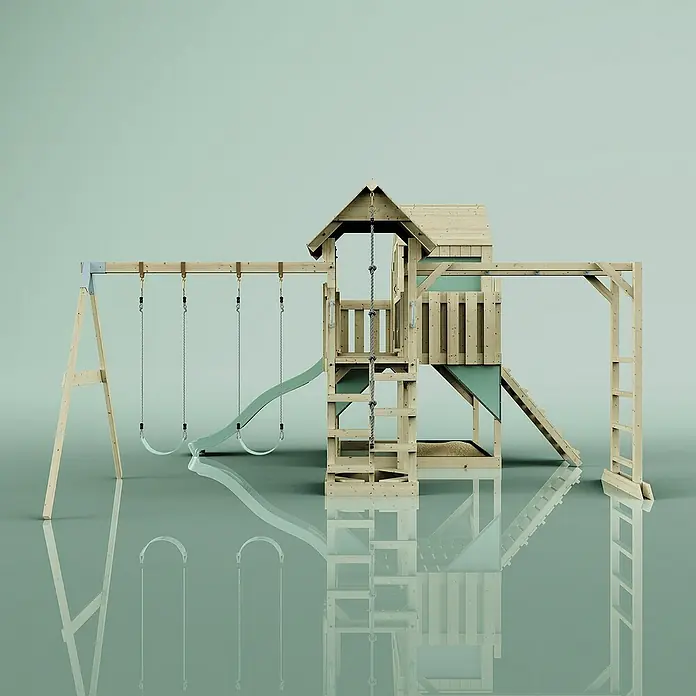 OutdoorToys Kinderspielturm Polarplay Knut - L x B x H: 490 x 503 x 291 cm, Grün - Ein hölzerner Spielplatz mit Schaukeln, Rutsche und Klettergerüst bietet Kindern vielseitigen Spaß im Freien.