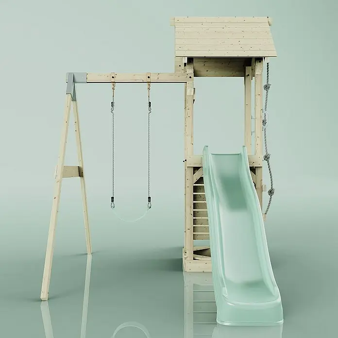 OutdoorToys Kinderspielturm Göteborg - L x B x H: 242 x 357 x 273 cm, Grün - Produktansicht eines Holzspielplatzes mit Schaukel und Rutsche für Kinder im Garten.