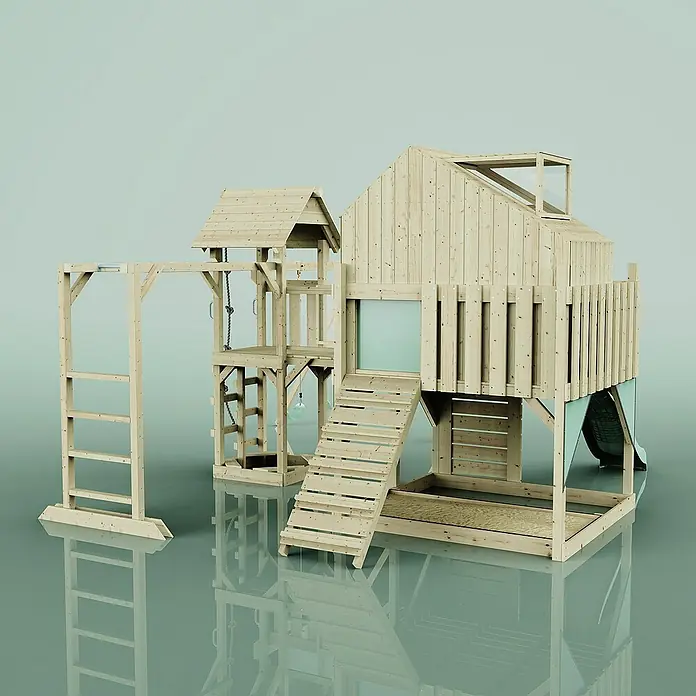 OutdoorToys Kinderspielturm Polarplay Knut - L x B x H: 490 x 503 x 291 cm, Grün - Holzspielhaus mit Rutsche, Kletterwand & Schaukel für Kinder zum Spielen im Garten. Ideal für aktiven Spaß im Freien.