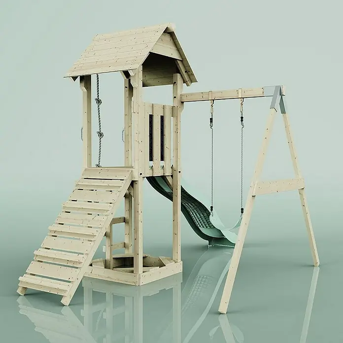 OutdoorToys Kinderspielturm Göteborg - L x B x H: 242 x 357 x 273 cm, Grün - Ein hölzernes Spielhaus mit Rutsche, Schaukel und Kletterleiter im Garten. Der Spielturm bietet vielseitige Spielmöglichkeiten für Kinder.