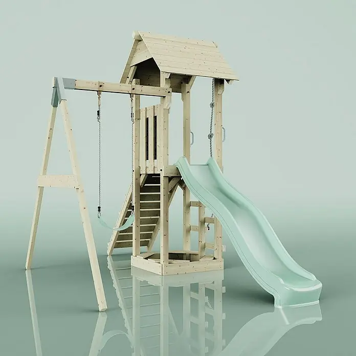 OutdoorToys Kinderspielturm Göteborg - L x B x H: 242 x 357 x 273 cm, Grün - Holzspielplatz mit Schaukel, Klettergerüst, Rutsche und kleinem Turm. Ideal für den Garten und aktive Kinder.